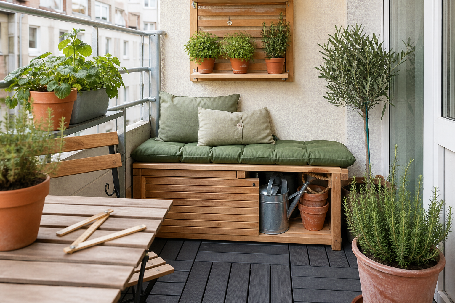 Kleiner Balkon mit Holzbank, grünen Kissen, Kräutertöpfen und klappbarem Zollstock